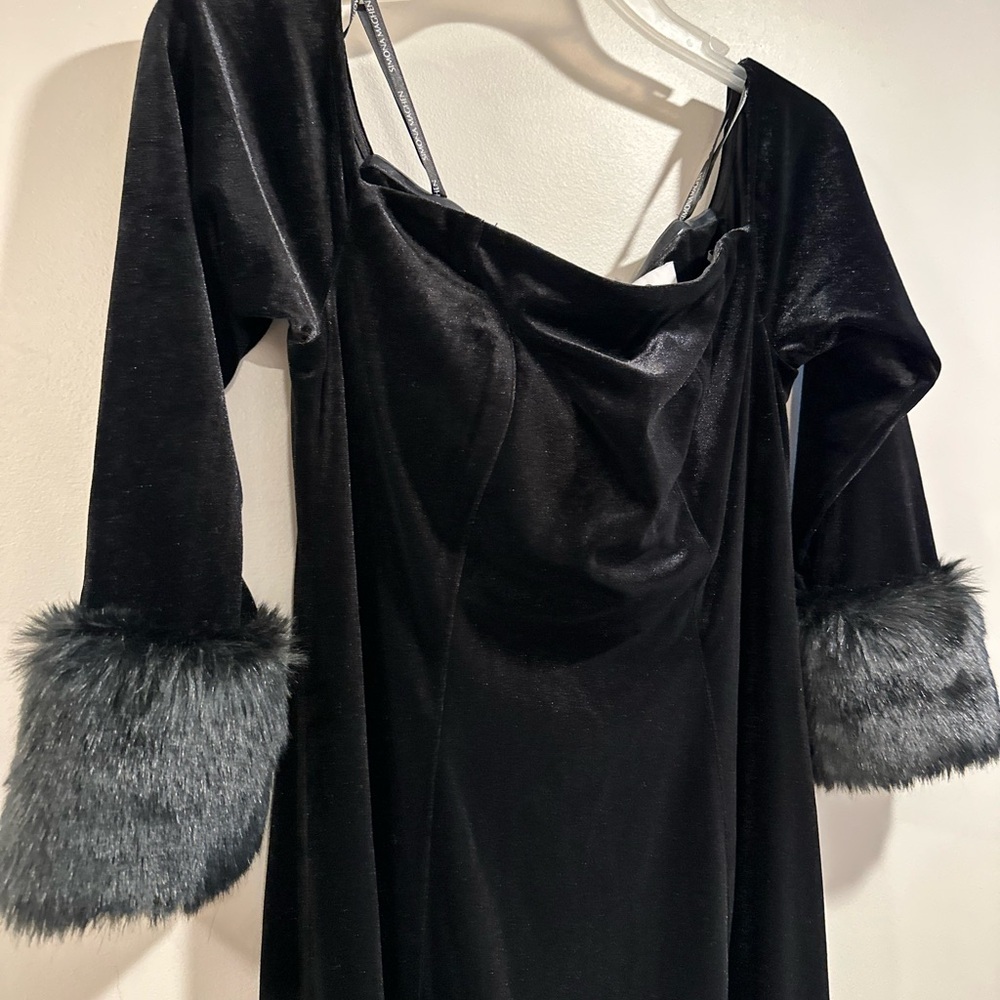 Simona Maghen Joia Dress Velvet Off The Shoulder Long Sleeve Dress Faux Fur Cuff - Picture 5 of 16